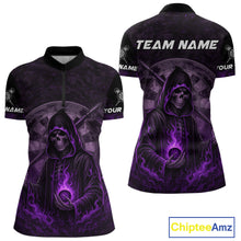 Load image into Gallery viewer, Custom Black-Purple Flames Skull Dartboard Darts 1/4-Zip Jerseys For Women, Darts Fan Uniform NYN0984