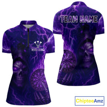 Load image into Gallery viewer, Personalized Purple Flames Skull Dartboard Darts Jersey Custom Women's Skull Darts 1/4-Zip Shirt NYN1029