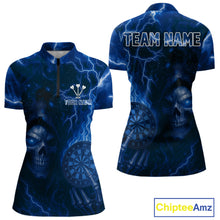 Load image into Gallery viewer, Personalized Blue Flames Skull Dartboard Darts Jersey Custom Women's Skull Darts 1/4-Zip Shirt NYN1031
