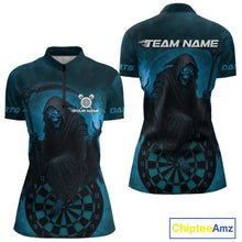Load image into Gallery viewer, Custom Turquoise Flames Skeleton Dartboard Dart 1/4-Zip Shirt For Women Dart Tournament Jerseys NYN1411