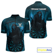 Load image into Gallery viewer, Custom Turquoise Flames Skeleton Dartboard Dart 1/4-Zip Shirt For Men Dart Tournament Jerseys NYN1411