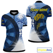 Load image into Gallery viewer, Blue Dartboard &amp; Yellow Dart Arrows Women's Dart Shirt - Custom Name For Darts Jersey NYN0444