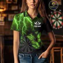 Load image into Gallery viewer, Custom Women's Polo Darts Shirt With Emerald Lightning &amp; Glowing Butterfly, Darts Jersey NYN1021