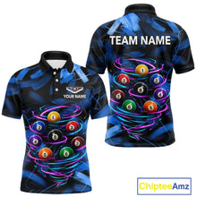 Load image into Gallery viewer, Neon Blue Light billiard ball men's billiard polo shirt custom brush paint pool jersey, personalized billiards apparel