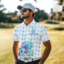Load image into Gallery viewer, Funny Mens Golf Polo Shirt Holographic Argyle Monstera Golf Ball Personalized Raccoon Golf Shirts NYN3094