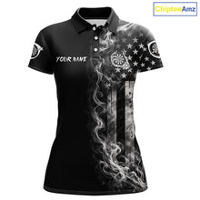 Load image into Gallery viewer, White Smokes American Flag Skeleton women's patriotic darts polo shirt, USA dart jersey, custom patriotic dart team apparel