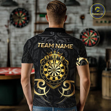 Load image into Gallery viewer, Custom Black And Gold Crown Dartboard Darts Men Polo 14-Zip Shirt, Polynesian Tribal Darts Attire NYN3119