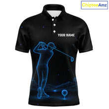 Load image into Gallery viewer, Men's personalized black and galaxy blue golf polo shirt, matching couples golf shirt, custom golf apparel, men's golf team uniform