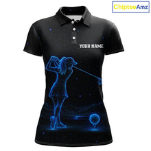Load image into Gallery viewer, Women's personalized black and galaxy blue golf polo shirt, matching couples golf shirt, custom golf apparel, ladies golf team uniform