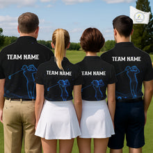 Load image into Gallery viewer, Men women golf team wearing matching galaxy blue golf polo shirts, personalized golf team uniforms, custom golf apparel