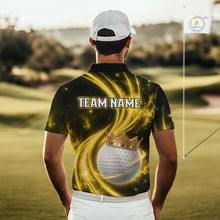 Load image into Gallery viewer, Male golfer wearing galaxy yellow crown golf ball polo shirt, men's golf apparel, tournament golf outfit