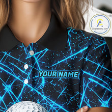 Load image into Gallery viewer, Female golfer wearing tornado lightning golf polo shirt, UPF golf apparel, women's golf tournament outfit
