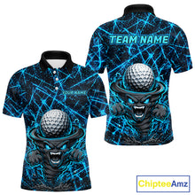 Load image into Gallery viewer, Men's funny tornado golf polo shirt, lightning strike golf apparel, blue UPF golf shirt, custom golf team polo, performance golf clothing