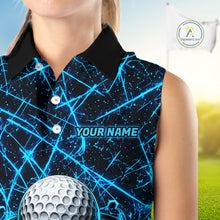 Load image into Gallery viewer, Female golfer wearing tornado lightning golf polo shirt, UPF golf apparel, women's golf tournament outfit