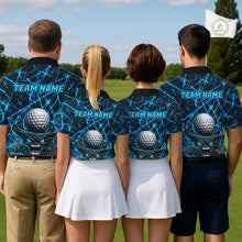 Load image into Gallery viewer, Men women golf team wearing matching tornado lightning golf polo shirts, golf team uniforms, performance golf apparel