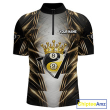 Load image into Gallery viewer, Grey, Black And Gold 8 Ball Crown Billiard Polo &amp; 1/4 Zip Shirt For Men Custom Pool Team Jersey NYN2921