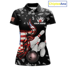 Load image into Gallery viewer, Funny US Flag Bull Grunge Bowling Polo &amp; 1/4 Zip Shirts For Women Custom Team Bowling Jerseys NYN3130