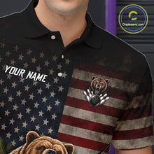 Load image into Gallery viewer, Male bowler wearing funny retro bear American flag bowling jersey, patriotic bowling shirt, custom bowling league apparel