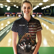 Load image into Gallery viewer, Female bowler wearing funny retro bear American flag bowling jersey, patriotic bowling shirt, custom bowling league apparel