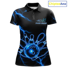 Load image into Gallery viewer, Blue Lightning Thunder Neon Bowling Polo Shirt For Women Custom Bowling Team Jersey Personalized League Bowler Apparel