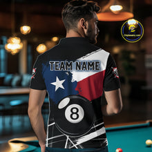 Load image into Gallery viewer, Male Pool Player Wearing Texas Flag 8 Ball Billiard Shirt, Custom Pool League Apparel