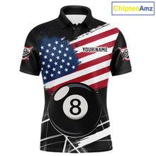 Load image into Gallery viewer, American Flag Splash 8 Ball Billiard Polo Shirt For Men, Patriotic Pool Team Jersey, Custom Billiards League Apparel