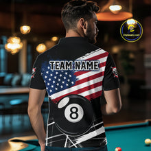 Load image into Gallery viewer, Male Pool Player Wearing American Flag Splash Billiard Shirt, Pool League Team Apparel