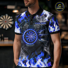 Load image into Gallery viewer, Blue Flaming Tiger Men Dart Polo Shirts Personalized Name &amp; Team Fire Flame Dart Jerseys NYN2103