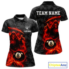 Load image into Gallery viewer, Personalized Red Flaming Grim Reaper 8 Ball Pool Billiard Shirts For Women Billiard Attire Gifts NYN2792
