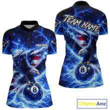 Load image into Gallery viewer, Torn US Flag Thunder Eagle Pool 8 Ball Women Billiard Shirt Custom Patriotic Billiard Apparel|Blue NYN2638