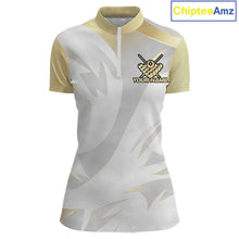 Load image into Gallery viewer, Personalized White And Gold Crown 8 Ball Pool Billiard Polo &amp; 1/4 Zip For Women, Billiard Team Attire NYN3014