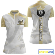 Load image into Gallery viewer, Personalized White And Gold Crown 8 Ball Pool Billiard Polo &amp; 1/4 Zip For Women, Billiard Team Attire NYN3014