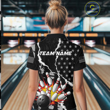 Load image into Gallery viewer, Grunge Black US Flag Strike Bowling Ball &amp; Pins Shirts  For Women Custom Patriot Bowling Team Outfits NYN3186