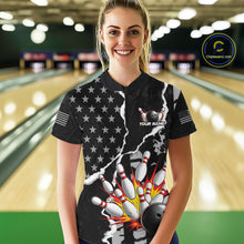 Load image into Gallery viewer, Grunge Black US Flag Strike Bowling Ball &amp; Pins Shirts  For Women Custom Patriot Bowling Team Outfits NYN3186