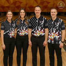 Load image into Gallery viewer, Grunge Black US Flag Strike Bowling Ball &amp; Pins Shirts  For Women Custom Patriot Bowling Team Outfits NYN3186