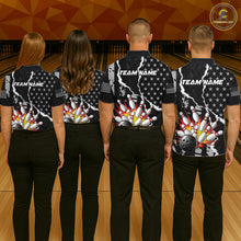Load image into Gallery viewer, Grunge Black US Flag Strike Bowling Ball &amp; Pins Shirts  For Women Custom Patriot Bowling Team Outfits NYN3186