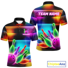 Load image into Gallery viewer, Neon light bowling team shirt for men colorful bowling ball and pins jersey