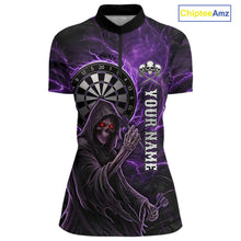 Load image into Gallery viewer, Grunge Purple Grim Reaper Women Darts Polo &amp; 1/4-Zip Shirts Custom Thunder Lightning Darts Team Jersey NYN3037