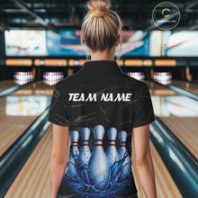 Load image into Gallery viewer, Female model wearing blue splatter bowling pin shirt custom bowling team jersey for league bowlers