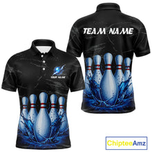Load image into Gallery viewer, Men's blue splatter bowling pin polo shirt mockup custom grunge bowling team jersey bowling apparel