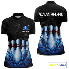 Load image into Gallery viewer, Women's blue splatter bowling pin quarter zip shirt mockup custom grunge bowling team jersey bowling apparel