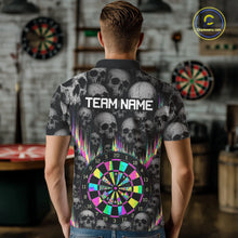 Load image into Gallery viewer, Male darts player wearing Grey Skull Pattern Colorful Strike dart jersey during league match and tournament competition