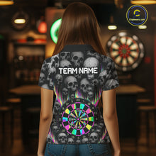 Load image into Gallery viewer, Female darts player wearing Grey Skull Pattern Colorful Strike dart jersey during league match and tournament competition