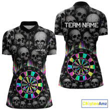 Load image into Gallery viewer, Grey Skull Pattern Colorful Strike women's quarter zip darts shirt, personalized dart team jersey, custom dartboard uniform, professional darts apparel