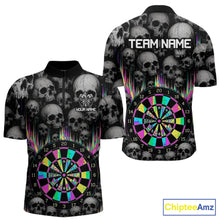 Load image into Gallery viewer, Grey Skull Pattern Colorful Strike men's quarter zip darts shirt, personalized dart team jersey, custom dartboard uniform, professional darts apparel