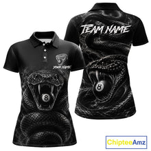 Load image into Gallery viewer, Grey Smokes Cobra women's billiard polo shirt custom 8 ball pool jersey, personalized billiards team uniform, pool league apparel, APA BCA tournament shirt