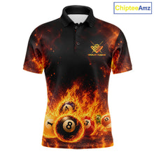 Load image into Gallery viewer, Fire Flame Dragon men's billiard polo shirt, personalized 8 ball pool team jersey, custom dragon billiards apparel, tournament pool uniform