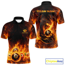 Load image into Gallery viewer, Fire Flame Dragon men's billiard polo shirt, personalized 8 ball pool team jersey, custom dragon billiards apparel, tournament pool uniform