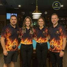 Load image into Gallery viewer, Men women billiard team wearing Fire Flame Dragon custom pool jerseys, personalized billiard uniforms