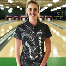 Load image into Gallery viewer, Female bowler wearing Grunge Dragon bowling jersey, personalized women's bowling shirt